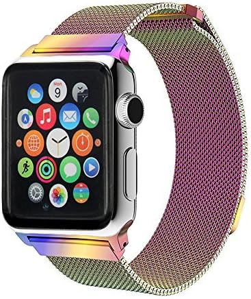 Stainless Steel Milanese Loop Mesh Replacement Band with Adjustable Magnetic Closure Clasp for Apple Watch Series 1, Series 2, Series 3, 38mm/42mm (38MM-Rainbow)