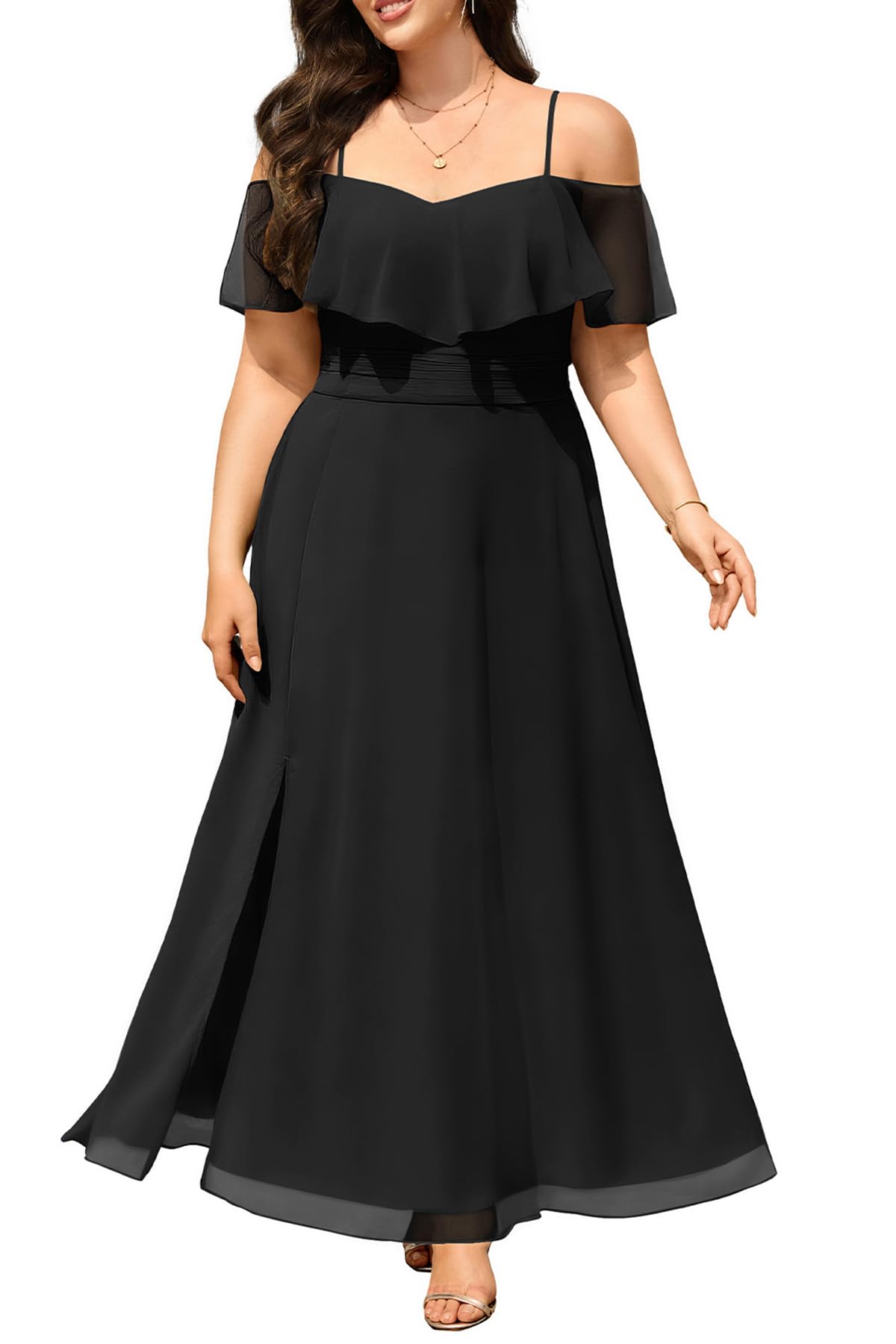 Photo 1 of Women Plus Size Formal Dresses Black Off Shoulder Chiffon Bridesmaid Wedding Guest Side Slit Smocked Aline Long Dress
