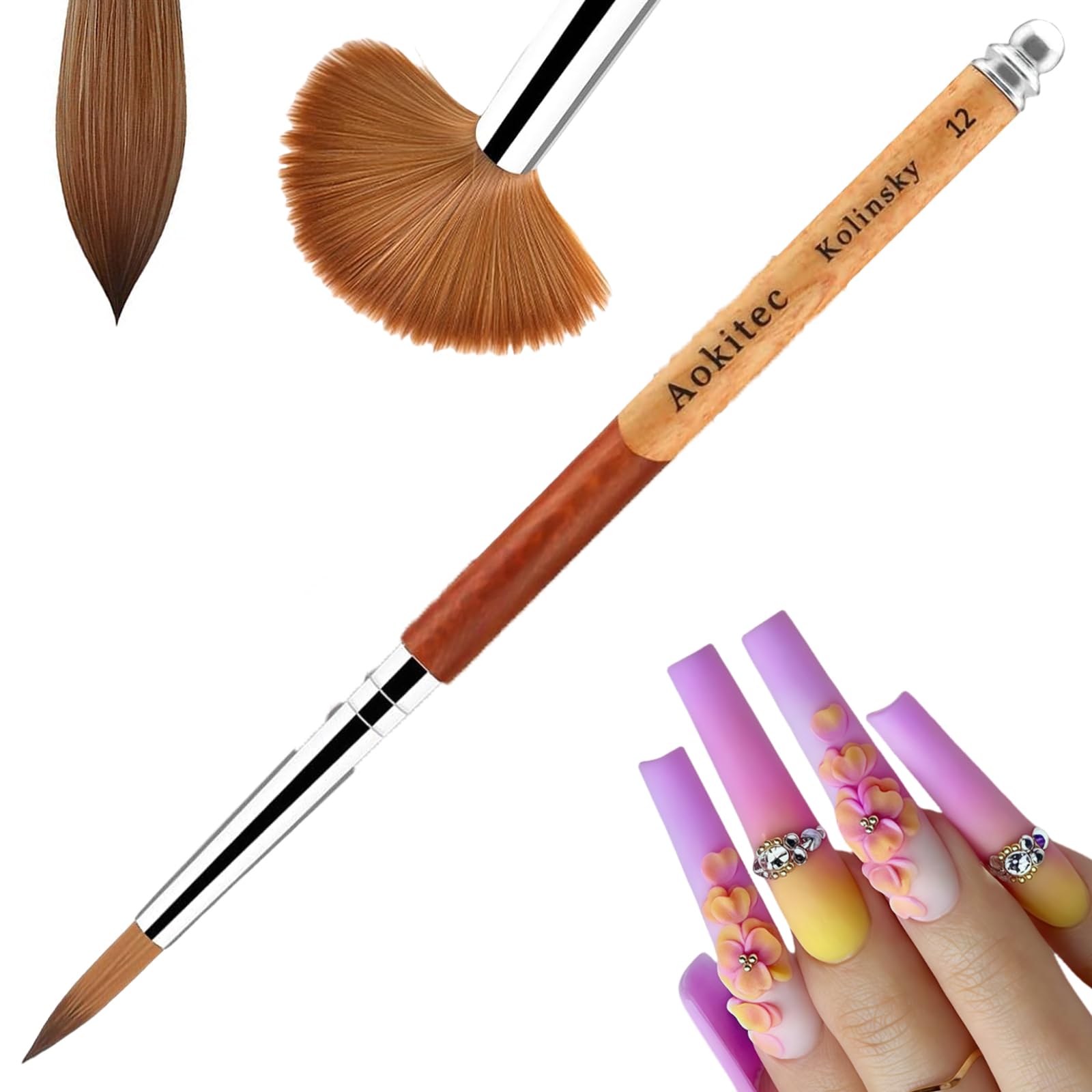 Aokitec Kolinsky Acrylic Nail Brush Size 12, Acrylic Brushes for Nails Wood Nail Art Brush for Acrylic Powder Acrylic Liquid Manicure Nail Art Tools