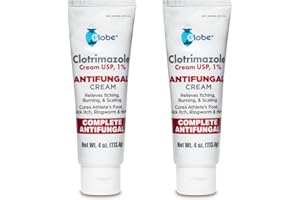Globe Clotrimazole Antifungal Cream 1% USP, 4 oz (2 Pack), Anti Fungal Treatment, Relieves Itching, Burning, Cracking and Scaling Associated Athletes Foot, Jock Itch, Ringworm and More. (Total 8 oz)