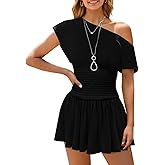 Wenrine Women's Off The Shoulder Mini Dress Summer Short Sleeve Smocked Waist Y2K A Line Going Out Club Dresses