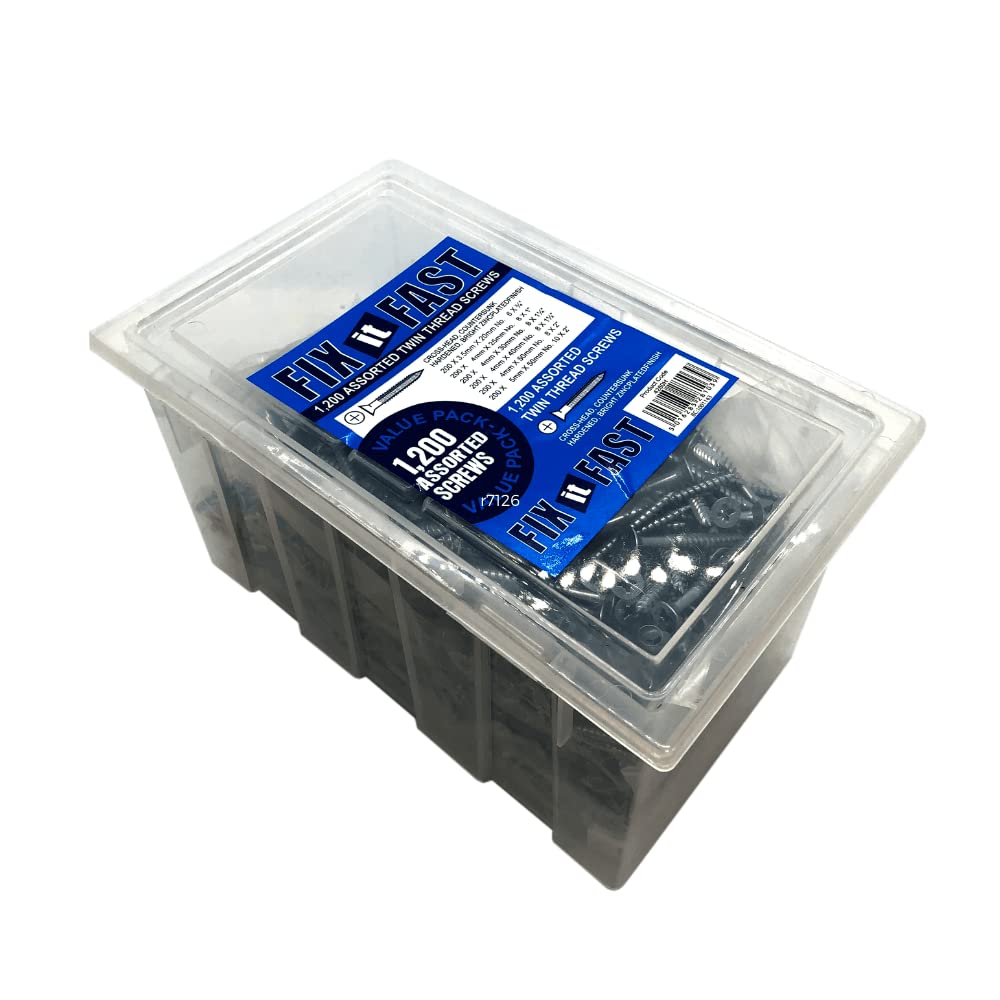 Hardware Solutions - Countersunk Pozi Head Screws - Twin Thread - Hardened Bright Zinc Plated - Plastic Tub Reusable - Assorted Sizes - Pack 1200