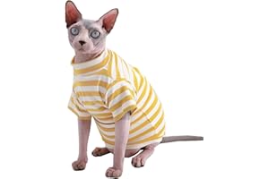 KITIPCOO Sphynx Hairless Cat Red Stripe Breathable Summer Cotton T-Shirts Pet Clothes,Round Collar Vest Kitten Shirts Sleeveless, Cats & Small Dogs Apparel (L (6.6-8.8 lbs), Yellow Stripe)