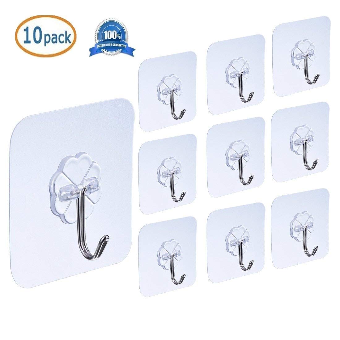 Ecjiuyi 10 Packs Reusable Adhesive Hooks,Transparent Heavy Duty Wall Hooks with No Scratch, Waterproof and Oilproof for Bathroom, Bedroom, Kitchen, Refrigerator Door, Wall and Ceiling