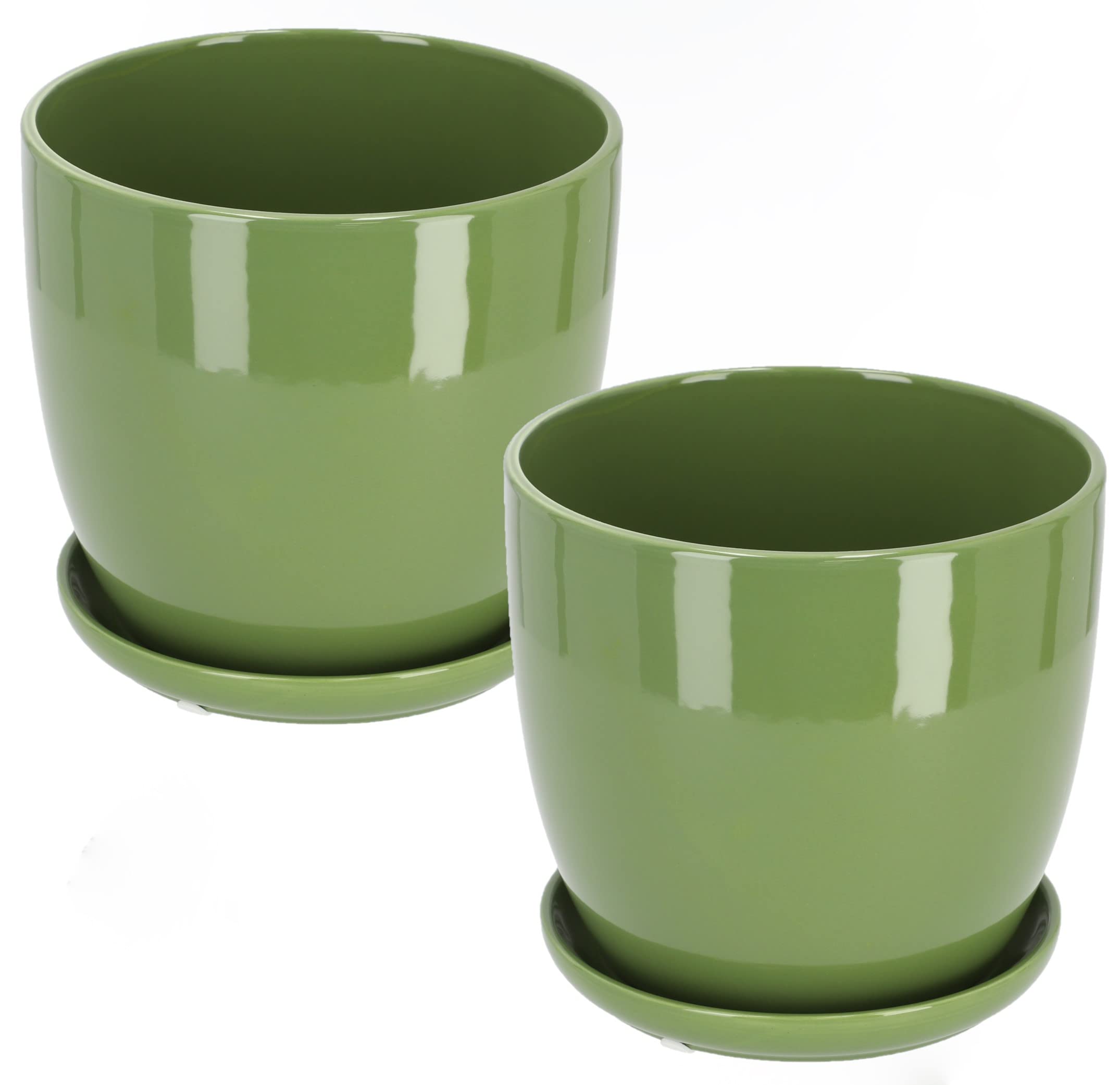 KOTARBAU® Set of 2 Ceramic Flower Pot Planter for Flowers Plants Diameter 13 cm with Drip Tray Green
