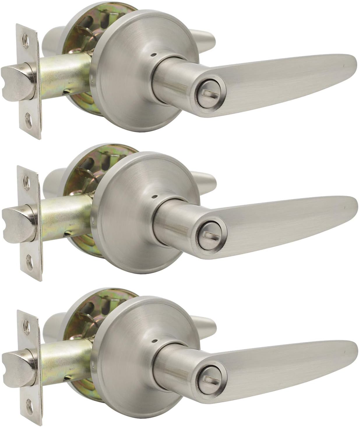 3 Pack Privacy Turn-Button Locking Bed & Bath Door Lever/Door Handle, Satin Nickel, Round Lever Style