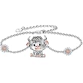 qielizhu Highland Cow Bracelet 925 Sterling Silver Cute Cow Bracelet with Daisy Highland Cow Jewelry Gift for Women