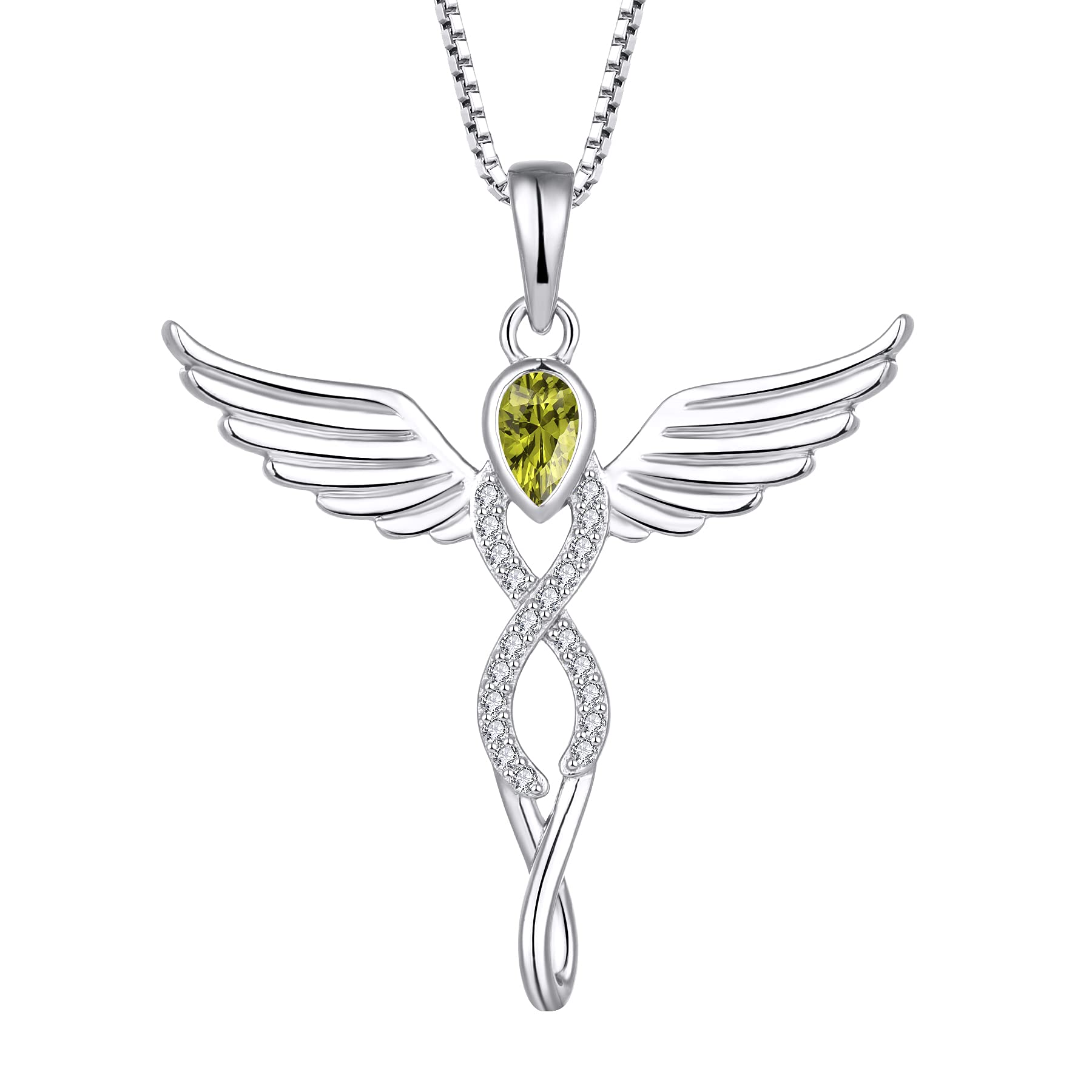 FJ Guardian Angel Necklace 925 Sterling Silver Infinity Angel Wings Pendant Peridot Necklace August Birthstone Jewellery for Women