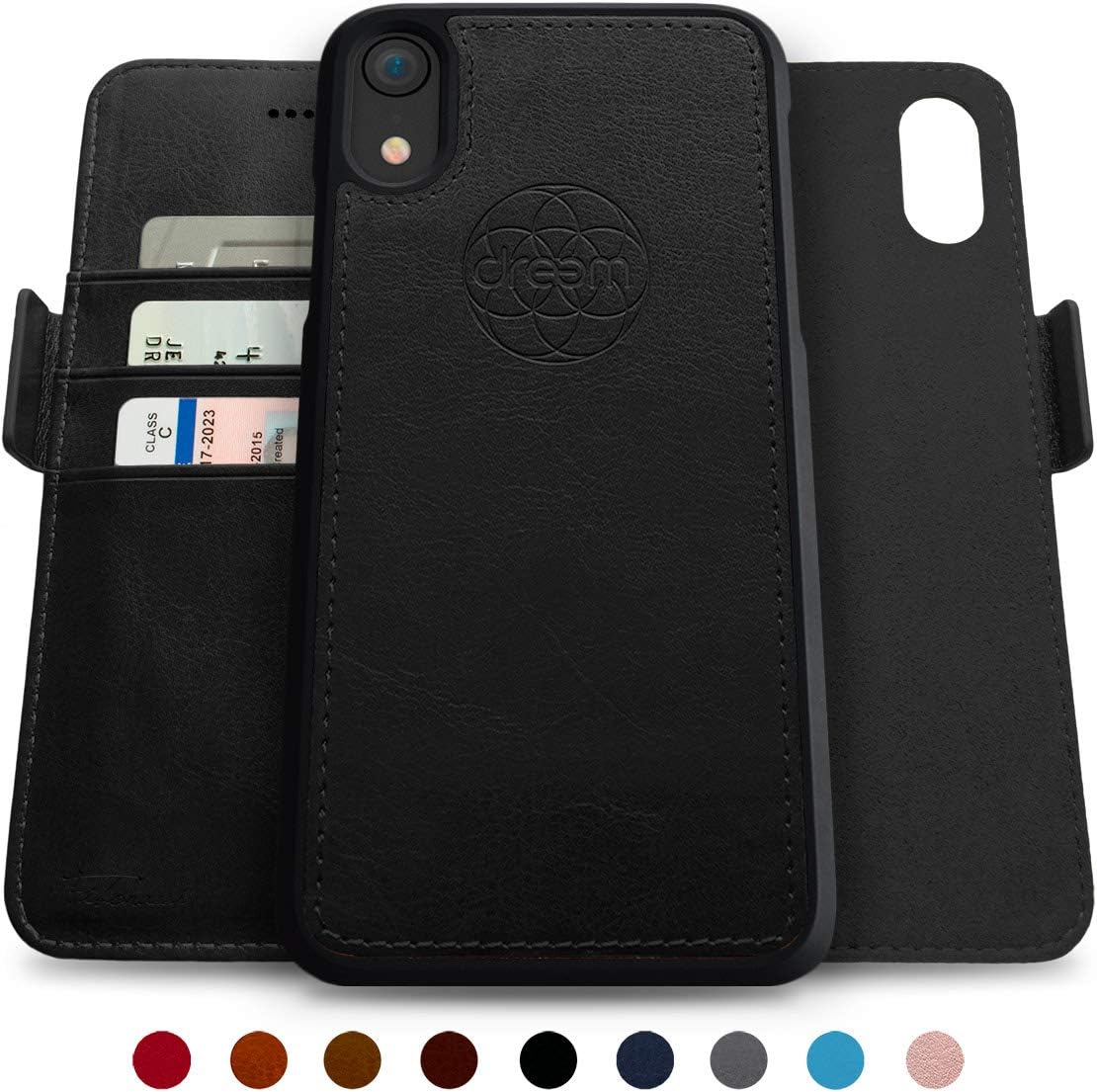 DreemFibonacci 2-in-1 Wallet Case for Apple iPhone XR - Luxury Vegan Leather, Magnetic Detachable Shockproof Phone Case, RFID Card Protection, 2-Way Flip Stand - Black