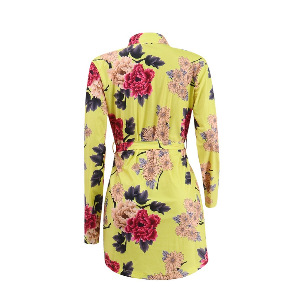 Women\'s Floral Print Belted Blouse Button Down Shirt Dress Long Sleeve Irregular Hem Small Yellow