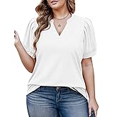 VOGRACE Womens Plus Size Tops Summer Puff Sleeve Shirts Casual Pleated Notched V Neck Tunics Tee XL-5XL