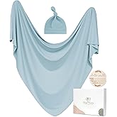 MairMore Baby Swaddle Receiving Blankets with Matching Beanie Set Newborn Nursery Swaddle Wrap for Baby Girls and Boys (Blue)
