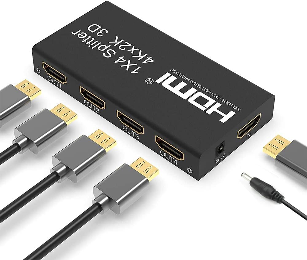 HDMI Splitter 1 in 4 Out, 1x4 Powered Splitter, Supports Full 4K HD 1080P, 2160P & 3D Resolutions for DVD Player, Laptop, HDTV or Other Devices to Two Display Devices with HDMI Ports.