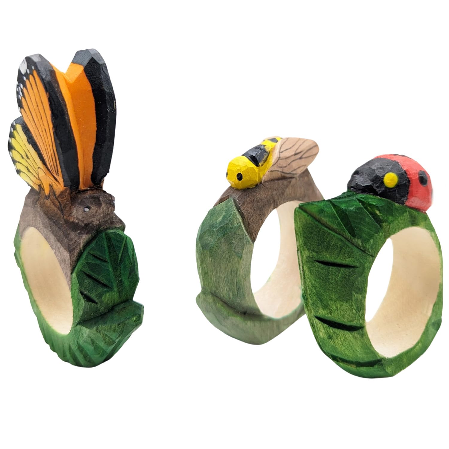 your castle Napkin Rings, Hand Carved, Animal Design - Ladybird, Bee, Butterfly, Set of 3, Made of Wood, Handpainted, Versatile, with Stable Base, 6-9 x 6 x 2 cm