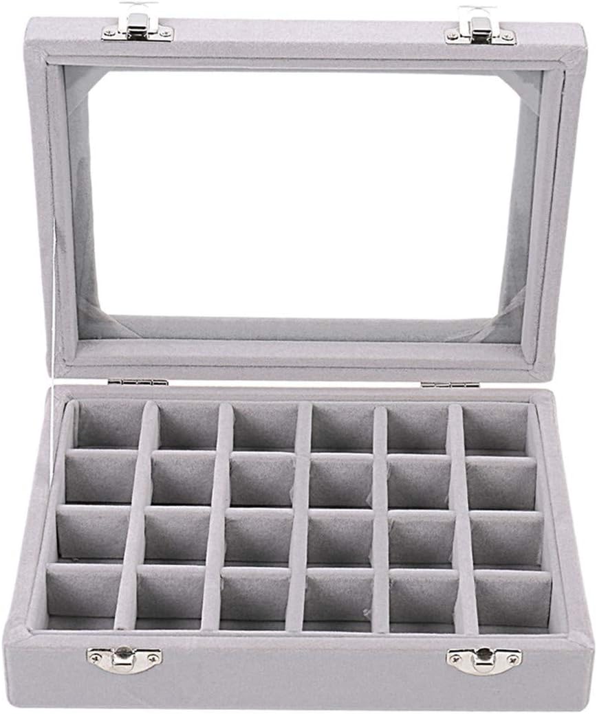 Ivosmart 24 Section Velvet Glass Jewelry Ring Display Organiser Box Tray Holder Earrings Storage Case (Grey): Home & Kitchen