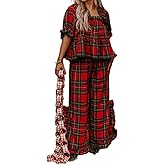 Argeousgor Women Plaid 2 Piece Pajama Set Button Down Puff Sleeve Babydoll Shirt Gingham Pants Pj Lounge Set Sleepwear
