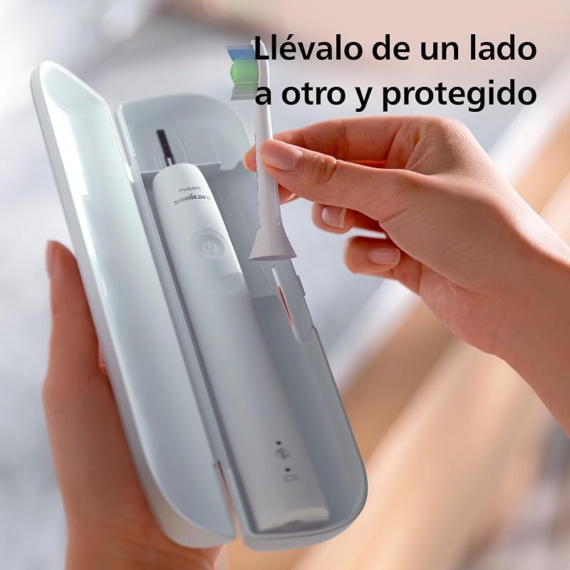 Sonicare 4100 Cepillo dental eléctrico, para adultos, con 1 cabezal de cepillado sónico, W2 Optimal White en blanco, estuche de viaje compacto y cargador USB, modelo HX3683/33