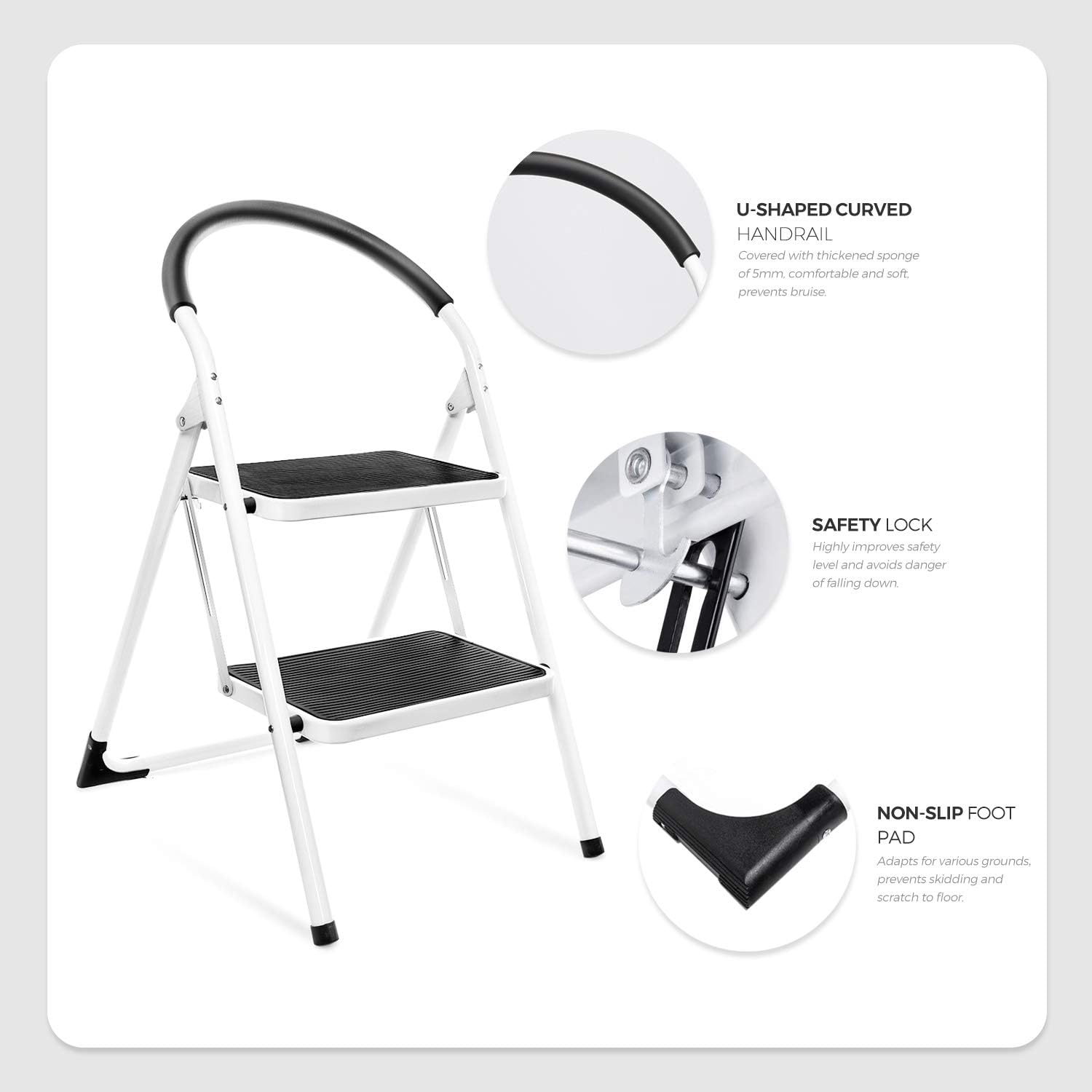 Delxo 2 Step Stool Folding Step Stool Steel Stepladders with Handgrip Anti-Slip Sturdy and Wide Pedal Steel Ladder Hold Up to 330lbs White and Black Combo 2-Feet - - 