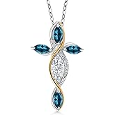 Cross Necklace For Women In 925 Silver and 10K Yellow Gold with White Moissanite and London Blue Topaz | 1.60 Cttw | Jesus Christian Religious Crucifix | Marquise 8X4MM | With 18 Inch Chain