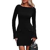 PRETTYGARDEN Womens Fall Long Sleeve Mini Dress 2025 Trendy Boat Neck Bodycon Knit Elegant Short Party Formal Dresses