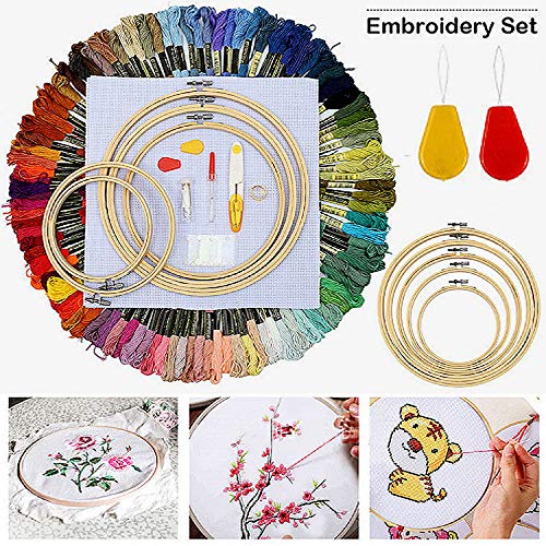 Embroidery Starter Kit with Instruction, 100 Colors Threads, 40 Sewing Pins, 3 Pieces Aida Cloth, Embroidery Hoops Set,Full Range Embroidery kit Cross Stitch Tool Kit for Adults Beginners (White-1)