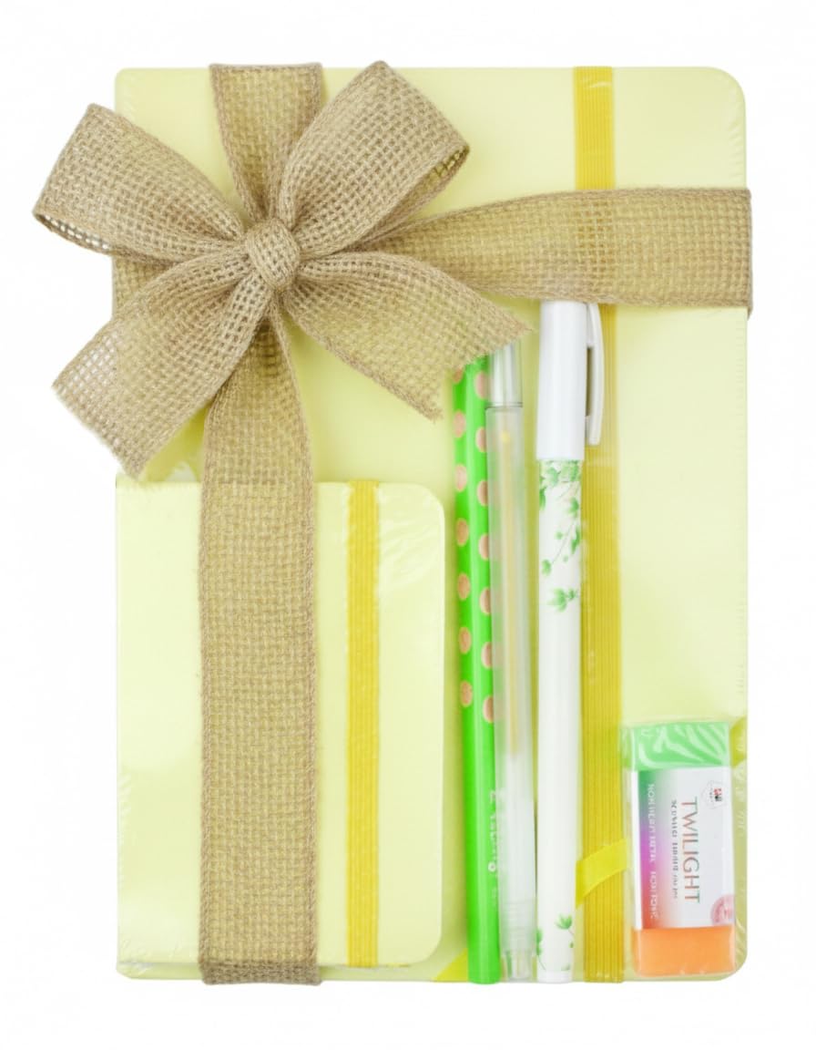Emartbuy Cool Stationery Unique Gift Set with Pastel A5 and A7 Notebook Journal Gel Pen Pencil in Ribbon - Yellow