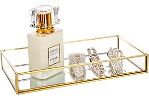 Feyarl Small Gold Clear Glass Perfume Tray Vanity Jewelry Trinket Rings Earrings Organizer Tray Collection Display Decorative Tray for Dressr Drawer Office Tabletop (7.87Inch)
