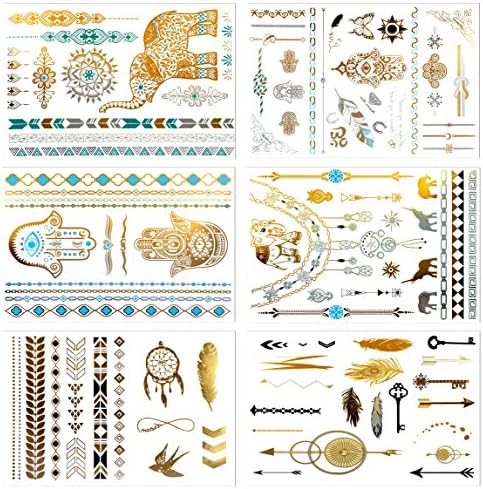 Metallic Temporary Tattoos, PrettyDate 6 Sheets 75+ Designs in Gold Silver Black, Fake Glitter Jewelry Tattoos- Bracelets, Necklaces, Wrist, Anklets and Armbands（Tribal Collection）