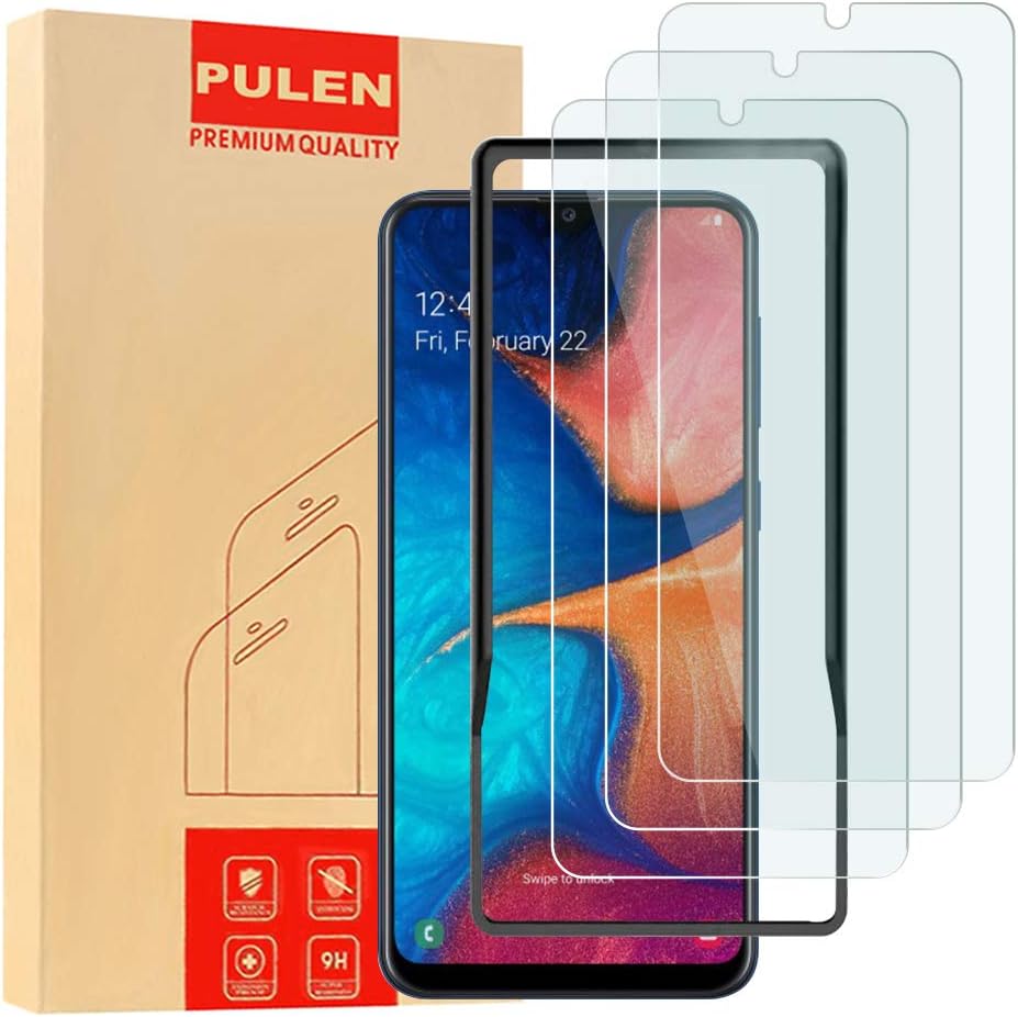 [3-Pack] PULEN Screen Protector for Samsung Galaxy A20,HD Clear Anti-Scratch Bubble Free Anti-Fingerprints 9H Hardness Tempered Glass with Easy Installation Tray