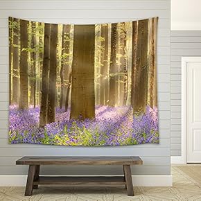 A Beautiful Blooming Bluebell Forest in Early Morning Sunlight - Fabric Wall Tapestry Home Decor - 51x60 inches