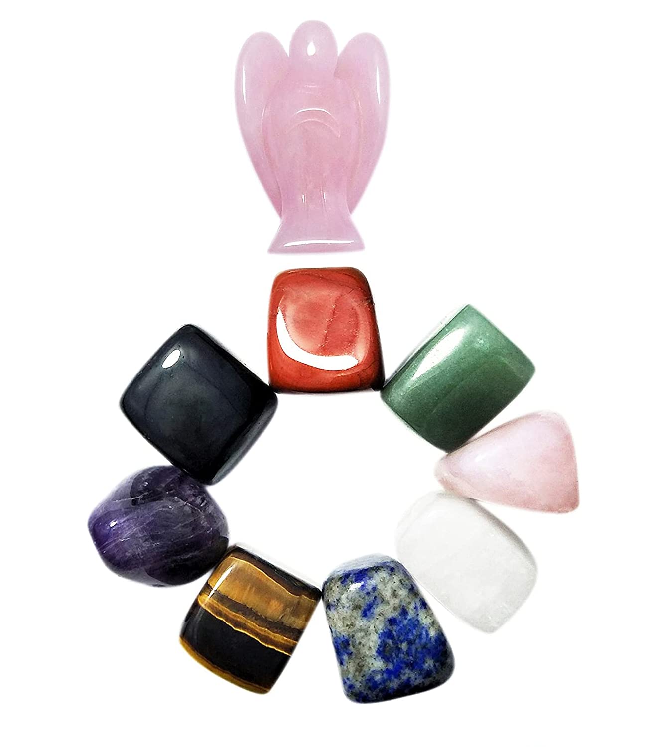 Natural Healing Crystal Chakra Stones for Crystal Therapy, Chakra Healing, Meditation, Worry Stones, Relaxation, Decor. (Set of Rose Angel & Chakra Stones)