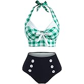 DRESSFO Women's Bikini Set Halter Two Piece High Waisted Swimsuit Plaid Retro Tummy Control Tankini Bathing Suit