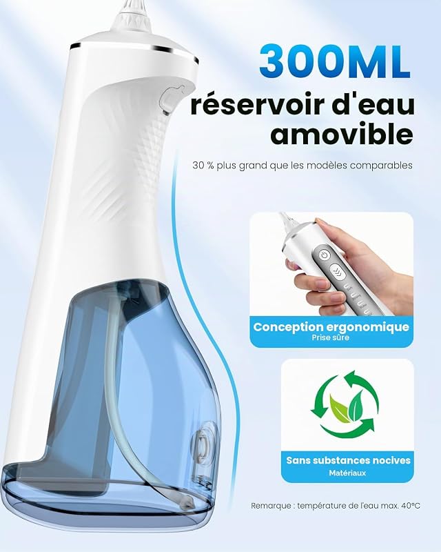 Jet Dentaire Hydropulseur Oral - 300 ML Sans Fil Irrigateur, 3+1 Modes, Étanche IPX7 Water Flosser, Idéal pour Orthodontie, Appareil Dentaire, Gencives Sensibles Maison et Les Voyages(Blanc)