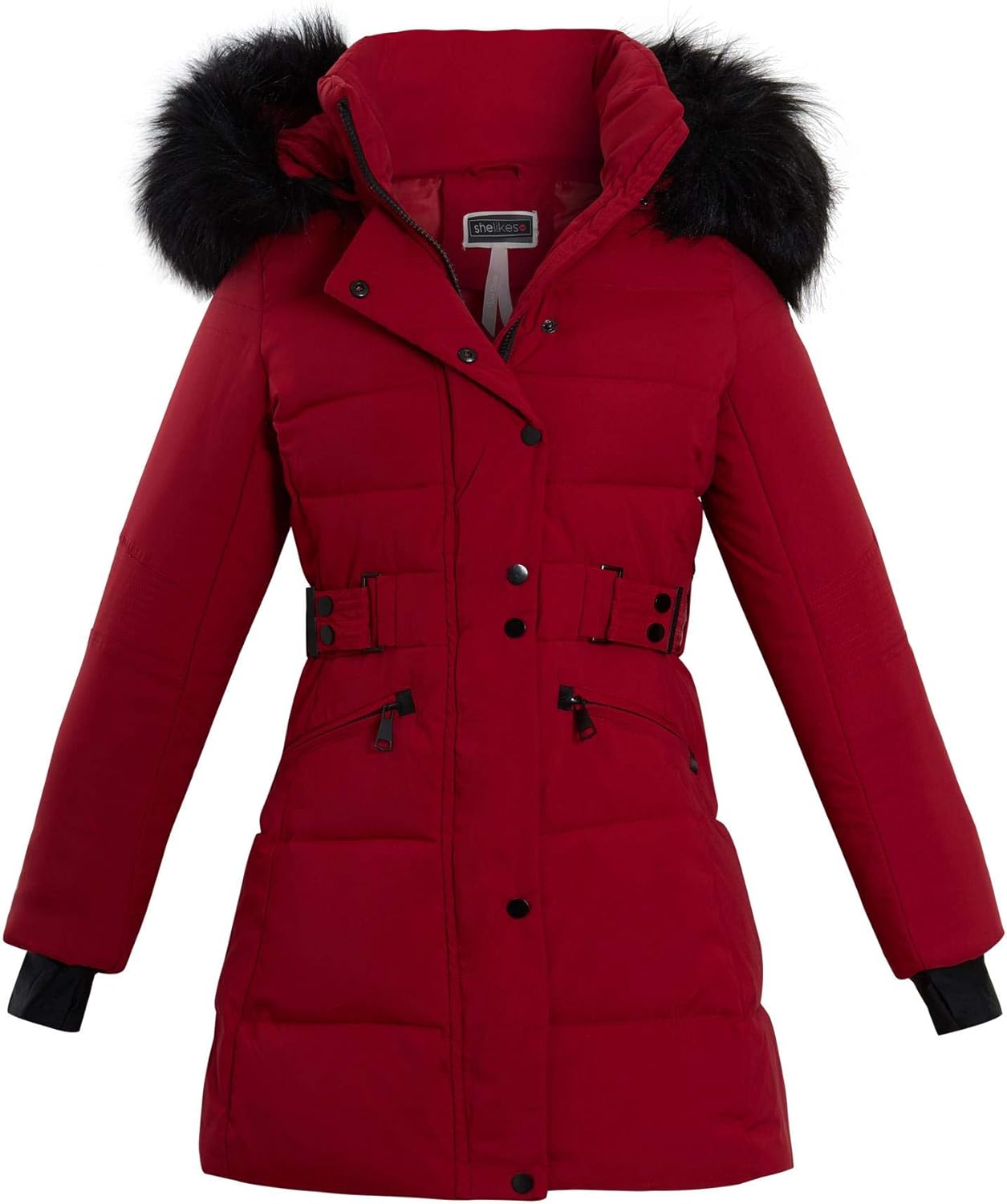 belted coat with faux fur trim hood