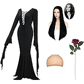 YOGFIT Halloween Cosplay Morticia Costumes for Women Vintage Gothic Witch Long Sleeve Dress Black Wig Rose