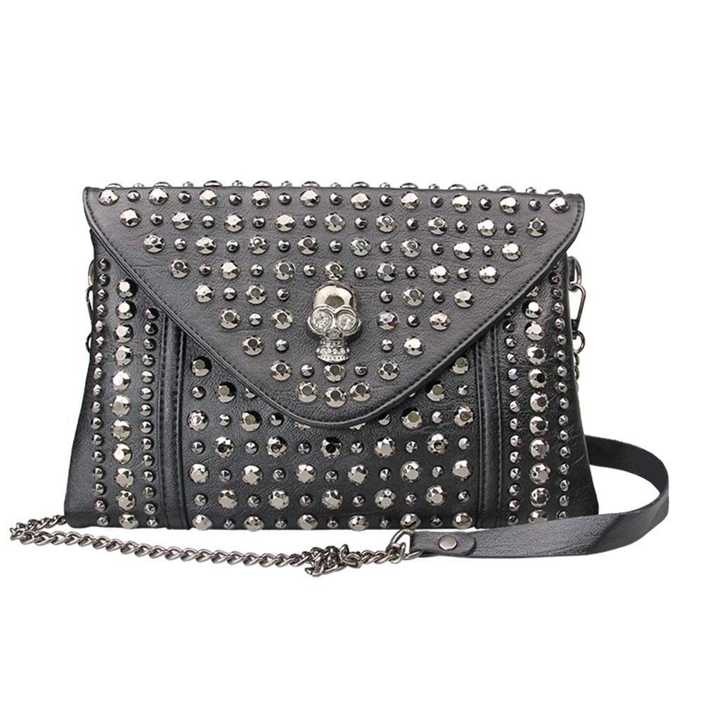 Chikencall® Envelope Clutch Vintage Gothic Skull Punk Handbags Studded Leather Purse Crossbody Bag with Chain Strap Black