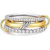 Canboer 14K Gold Plated Interlocked Stackable Rings for Women Non Tarnish,Gold and Silver Cubic Zirconia Statement Rings Set,Mixed Metals Ring Two-Toned Connected Bands Stacking Jewelry