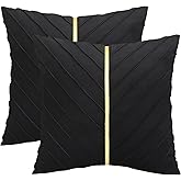 Tosleo Black Velvet Throw Pillow Covers 18 x18 inch Pack of 2 with Gold Leather Christmas Decorative Couch Pillow Cover Luxury Modern Pillowcases Spring Home Decor for Wedding Sofa Bed Living Room