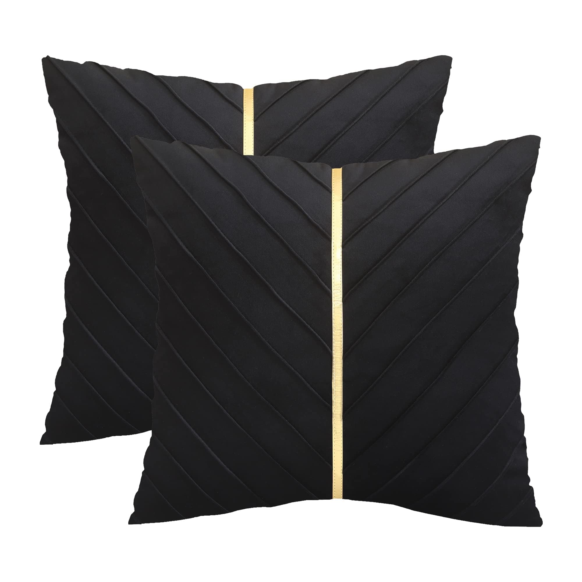 Tosleo Black Velvet Throw Pillow Covers 18x18 inch Pack of 2 with Gold Leather Decorative Couch Pillow Cover Luxury Modern Pillowcases for Wedding Living Room Bedroom Sofa Cushion Bed 45x45CM