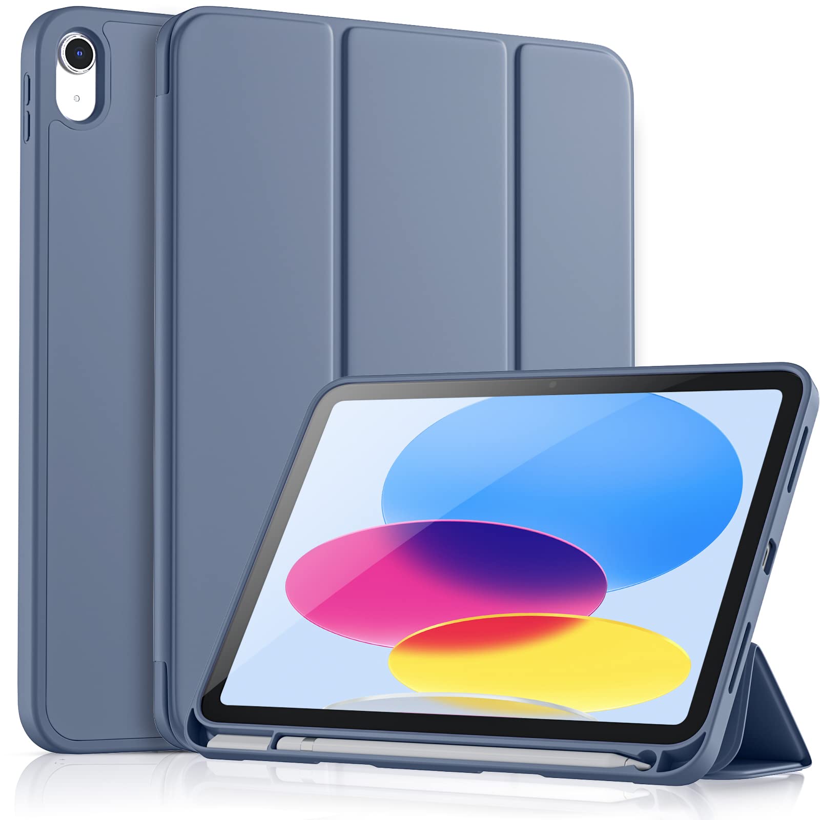 Vobafe Case for iPad (A16) 11th 10th Generation Case (Model: 2025/2022, 11/10.9 Inch), Flexible TPU Back & Trifold Stand, Protective Cover with Pencil Holder, Auto Wake/Sleep, Blue Grey