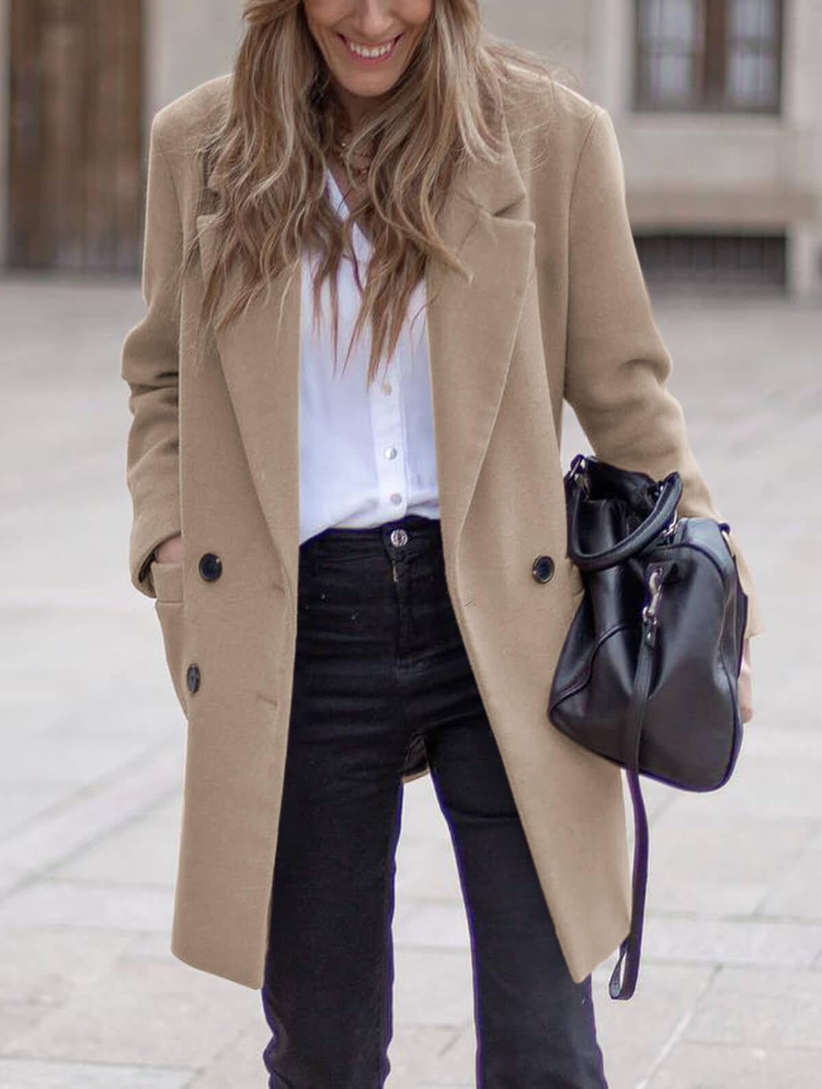 Wool Coat Womens Wool Blend Trench Coat Lapel Collar Double