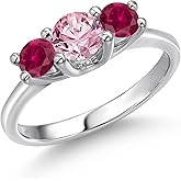 Gem Stone King 14K White Gold Pink Lab Grown Diamond & Red Created Ruby 3-Stone Engagement Ring | 1.00 Cttw | Round 5MM and 4MM | 3 Stone Wedding Anniversary Promise Ring For Women