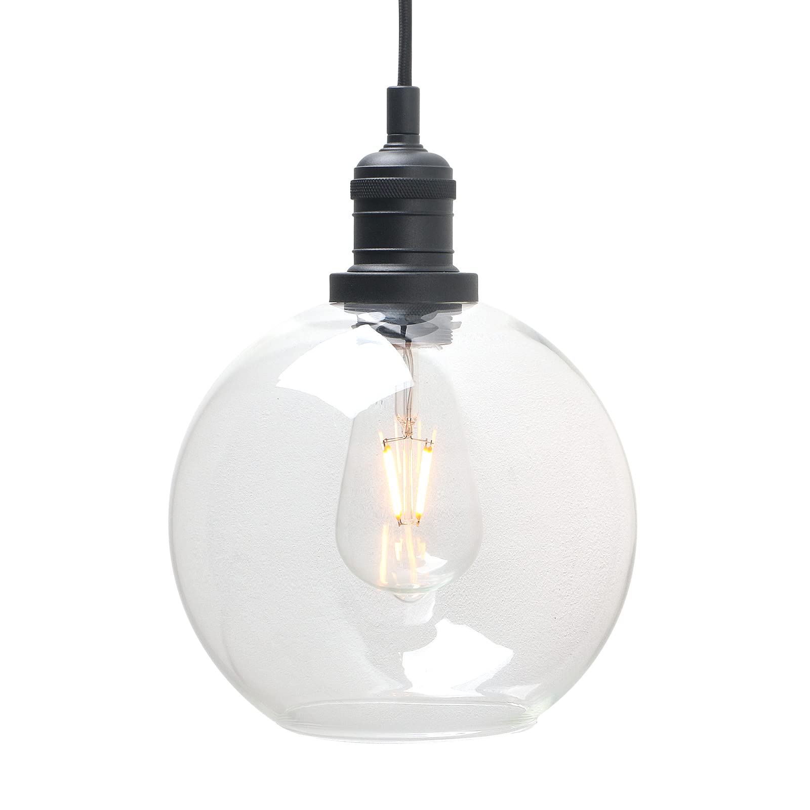 Phansthy Industrial Vintage Pendant Light Retro Ceiling Light 20cm Globe Clear Glass Shade Hanging Light Decoration Lamp for Loft Kitchen Coffee Bar E27 (Black)
