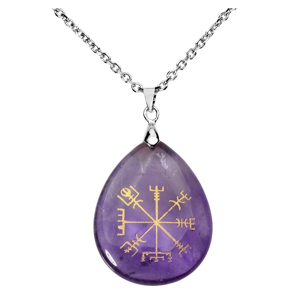 Jovivi Natural Aemthyst Crystal Quartz Healing Gemstone Teardrop Pendant Viking Compass Vegvisir Rune Necklace Chakra Jewellery for Women Men