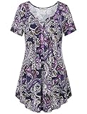 Bebonnie Blouses For Women Casual, Womens Henley V Neck Short Sleeve Vintage Paisley Printed Tunic Shirts Violet M