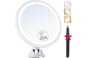AUXMIR 2025 Upgraded 20X Magnifying Lighted Makeup Mirror, 8" Vanity Mirror with Power Suction Cup and Tweezers, 360° Swivel, Portable Bathroom Mirror with 3 Color Touch Dimmable Lights for Home Travel