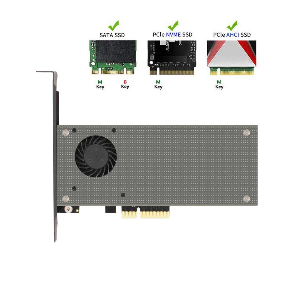 M.2 PCIe Adapter, Cooler Heatsinks with Fan,Dual M2 SSD NVME (m Key) or SATA (b Key) to PCI-e x 4 Host Controller Expansion ， for Desktop PCI Express Slot