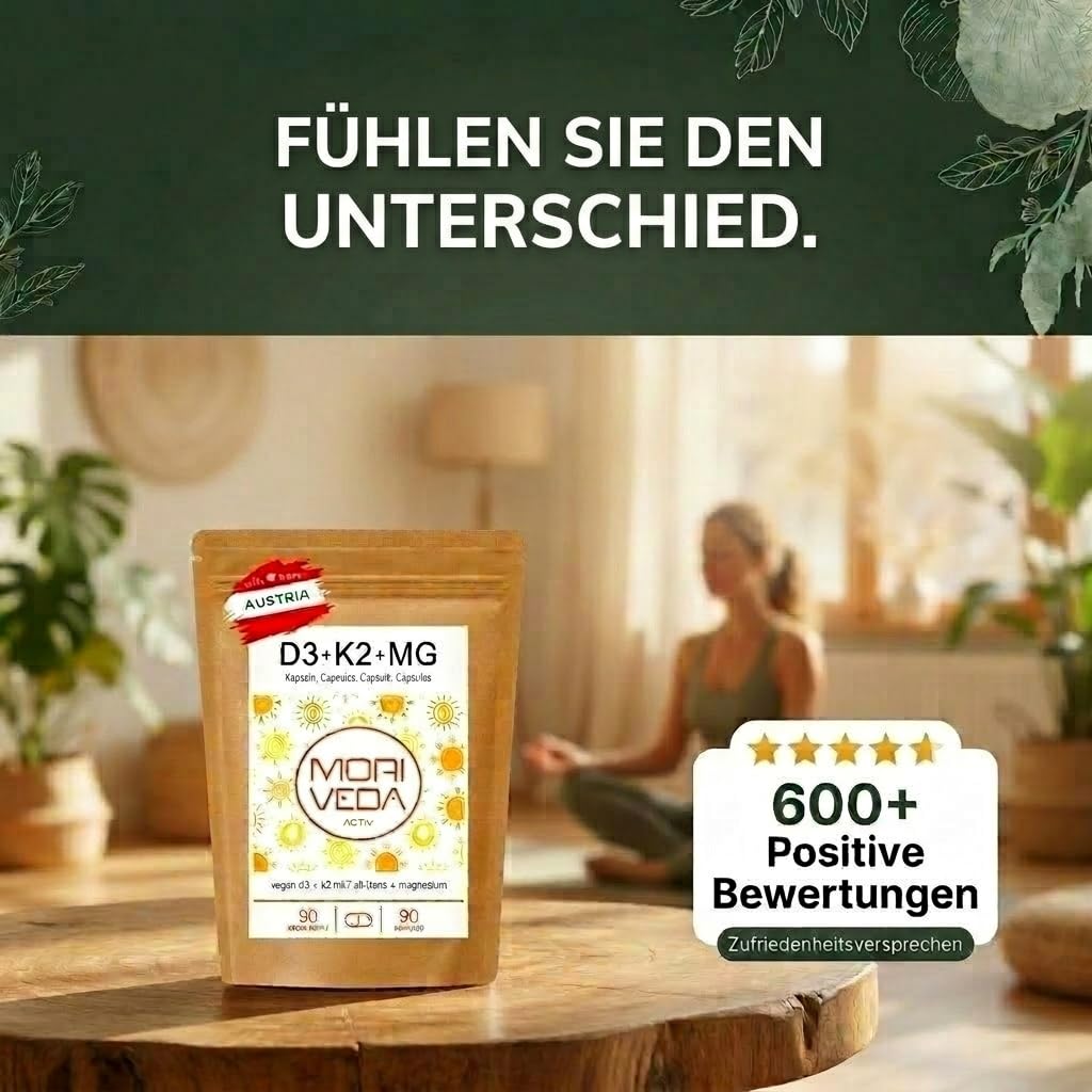 MoriVeda 90 Vitamin D3 K2 Magnesium Wochendepot Kapseln – 7000 I.E. D3 + 200 µg K2 MK7 + 175 mg Mg – Vegan, aus Flechten & Natto 6
