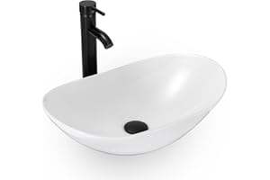 eclife Bathroom Ceramic Sink Bowl Classic White Boat Porcelain Vessel Sink and Faucet Combo for Bathroom Countertop Bowl Sink & ORB Pop Up Drain (T44)
