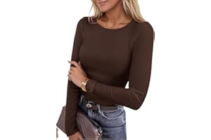 Dazevt Womens Long Sleeve Stretch Crewneck Ribbed Knit Tops Slim Fitted Underscrubs Casual Basic T Shirt